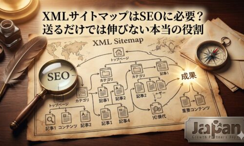 XMLサイトマップの役割を、地図・拡大鏡・導線図で表現し、SEO成果は送信だけでなくサイト構造全体で決まることを示したアイキャッチ画像