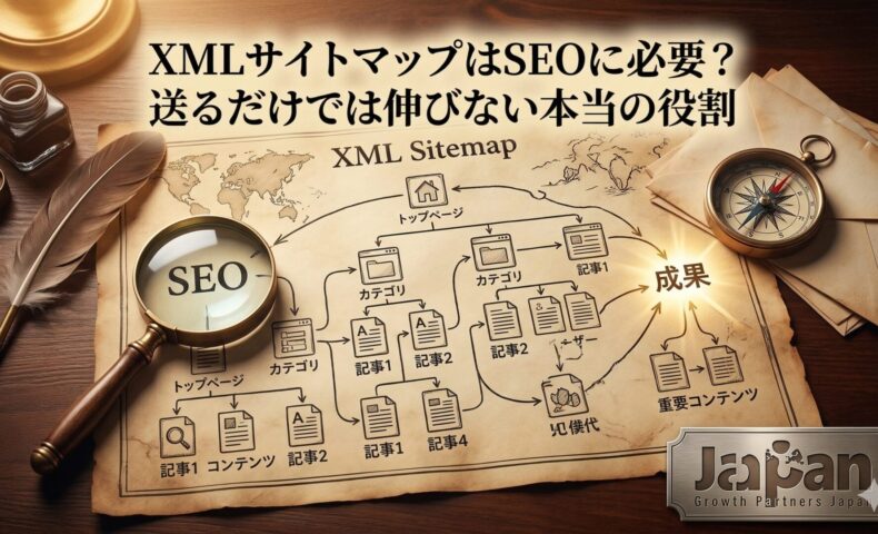 XMLサイトマップの役割を、地図・拡大鏡・導線図で表現し、SEO成果は送信だけでなくサイト構造全体で決まることを示したアイキャッチ画像