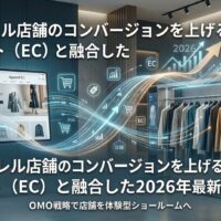 アパレル店舗のコンバージョンを上げる方法。ネット（EC）と融合した2026年最新の戦略の記事用アイキャッチ画像。ネット（EC）上の顧客データ（左側の端末）と実店舗の体験（右側の売り場）を数据導線でシームレスに繋ぐ「OMO戦略（Online Merges with Offline）」の全体設計図を図解しています。日本語の記事タイトルテキストが含まれています。