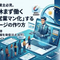 忙しい個人事業主向けに、ホームページを24時間働く「最強の営業マン」にする作り方を解説した図解。ノートパソコンから現れたAI営業マンの元に見込み客の行列が続いており、「顧客を自動獲得」「現場の一次情報を発信（E-E-A-T）」「AI検索最適化（SGE/LLMO）」によって自動で売上を向上させる資産型Webサイトの仕組みを描写しています。