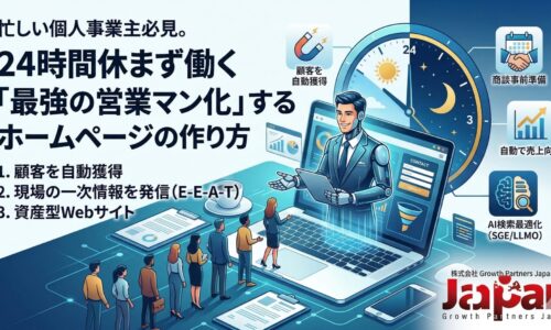 忙しい個人事業主向けに、ホームページを24時間働く「最強の営業マン」にする作り方を解説した図解。ノートパソコンから現れたAI営業マンの元に見込み客の行列が続いており、「顧客を自動獲得」「現場の一次情報を発信(E-E-A-T)」「AI検索最適化(SGE/LLMO)」によって自動で売上を向上させる資産型Webサイトの仕組みを描写しています。