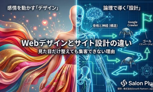 Webデザインとサイト設計の違いを図解:感情を動かす表面的な「見た目(デザイン)」と、GoogleクローラーやAIをコンバージョンへ論理的に導く「骨格と神経(サイト設計)」の対比