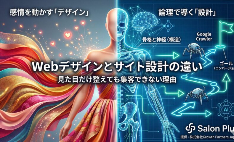 Webデザインとサイト設計の違いを図解：感情を動かす表面的な「見た目（デザイン）」と、GoogleクローラーやAIをコンバージョンへ論理的に導く「骨格と神経（サイト設計）」の対比