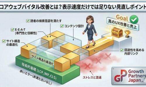 コアウェブバイタルの本質的な改善方法を図解:表示速度などの技術的基礎の上に、サイト構造の最適化やE-E-A-Tを満たすコンテンツ設計を構築し、真のUX改善と売上へ導くステップ