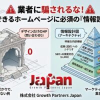 集客できるホームページに必須の「情報設計図」を解説した比較図解。左側には見た目の装飾ばかりで集客構造がなく問い合わせが0の「デザインだけのHP(廃墟)」、右側には明確な内部導線、成果へのシナリオ、SEO・AI検索対応(LLMO)の層が積み重なった「マーケティング視点で設計された集客できる構造のピラミッド」を描写し、設計の重要性を対比させています。