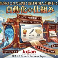 インバウンド集客を自動化する仕組みの図解。左側のGoogleマップやAI検索で外国人観光客の認知を獲得し、中央のE-E-A-Tを満たす資産型コンテンツで魅力を伝え、右側の予約自動化・決済完了ステーションを通じて売上に繋がるまでの流れを解説したインフォグラフィック。