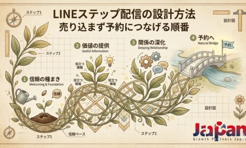 LINEステップ配信の設計方法を、信頼の種まきから価値提供、関係深化、予約導線までの流れを図解で表現したアイキャッチ画像