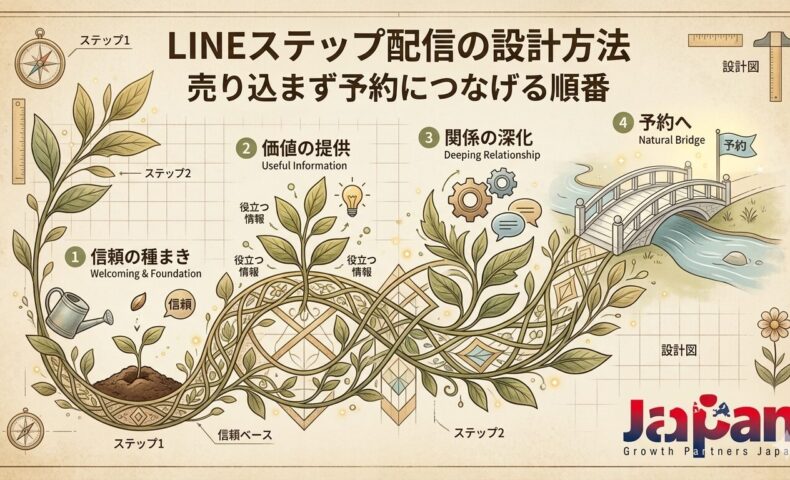 LINEステップ配信の設計方法を、信頼の種まきから価値提供、関係深化、予約導線までの流れを図解で表現したアイキャッチ画像
