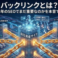 バックリンクとは何かをSEOの観点から図解：外部サイトからのリンクが「信頼と専門性の鎖」となり、AI検索での引用や自社資産サイトの評価向上に繋がる仕組み