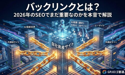 バックリンクとは何かをSEOの観点から図解:外部サイトからのリンクが「信頼と専門性の鎖」となり、AI検索での引用や自社資産サイトの評価向上に繋がる仕組み