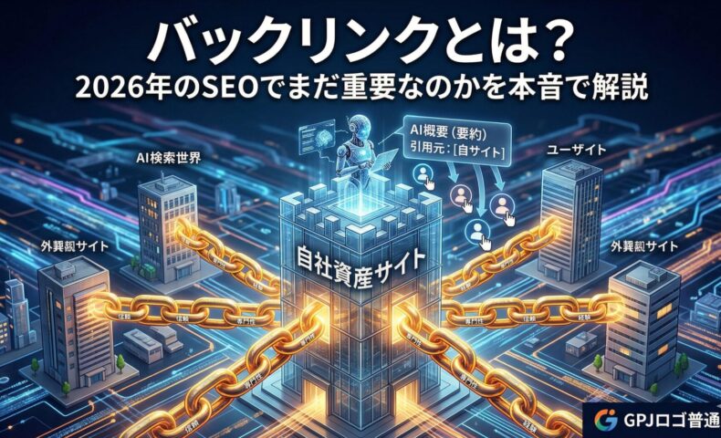 バックリンクとは何かをSEOの観点から図解：外部サイトからのリンクが「信頼と専門性の鎖」となり、AI検索での引用や自社資産サイトの評価向上に繋がる仕組み