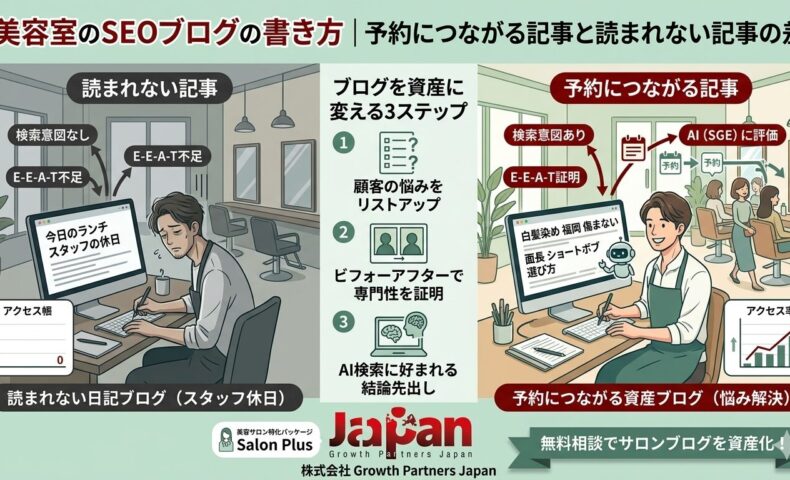 美容室のSEOブログの書き方を解説した比較図解。左側には「検索意図なし」「E-E-A-T不足」でアクセスが集まらないスタッフの休日などの「読まれない日記ブログ」、右側には「検索意図あり」「E-E-A-T証明」「AI（SGE）に評価」されアクセスと予約が伸びる「予約につながる資産ブログ（悩み解決）」を描写。中央にブログを資産に変える3ステップ（1.顧客の悩みをリストアップ、2.ビフォーアフターで専門性を証明、3.AI検索に好まれる結論先出し）を記載しています。