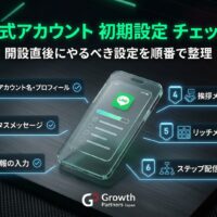 LINE公式アカウント初期設定チェックリストのアイキャッチ画像。開設直後にやるべき6つの設定項目「1.アカウント名・プロフィール、2.ステータスメッセージ、3.企業情報の入力、4.挨拶メッセージの作成、5.リッチメニューの設置、6.ステップ配信の準備」がフロー形式で並んでいます。