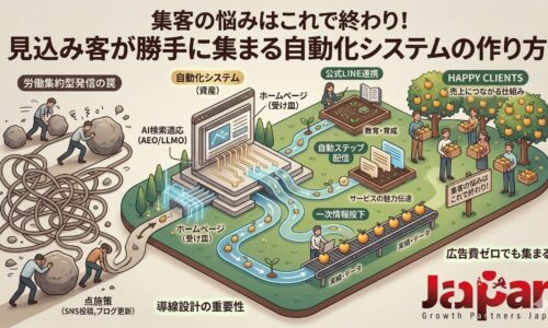集客の悩みを解決する自動化システムの全体像。左側に岩を運ぶ労働集約型のSNS・ブログ運用、中央にホームページとAI検索適応、右側に公式LINE連携による自動ステップ配信と売上に繋がる収穫の様子を描いたインフォグラフィック。