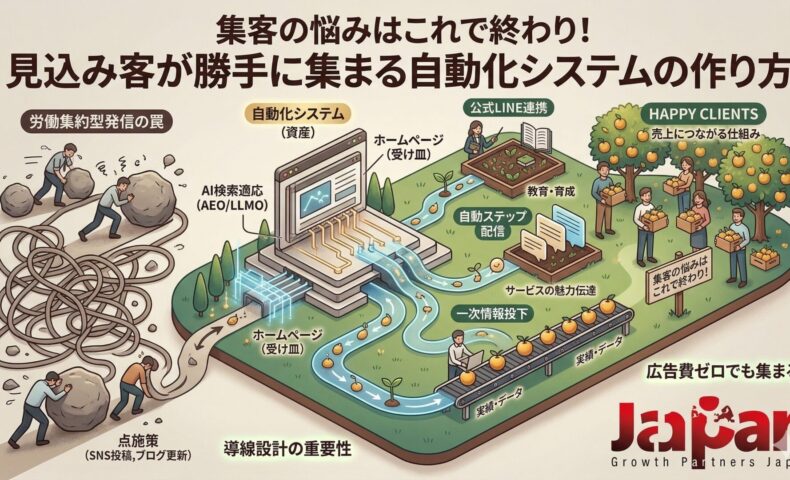 集客の悩みを解決する自動化システムの全体像。左側に岩を運ぶ労働集約型のSNS・ブログ運用、中央にホームページとAI検索適応、右側に公式LINE連携による自動ステップ配信と売上に繋がる収穫の様子を描いたインフォグラフィック。