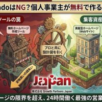 個人事業主がWixやJimdoなどの無料ホームページ作成ツールで作る集客リスクと、独自ドメインとWordPressで構築する資産型Webサイトの比較図解。左側はAI検索適応限界（LLMO対応不可）やプラットフォーム依存などの「無料ツールの罠」を崩れかけの家で表現し、右側はニッチ特化や現場の一次情報（E-E-A-T）、マーケティング設計重視といった「集客資産の構築」を堅牢なビルで描写し、プロと共に設計図を引く重要性を解説しています。