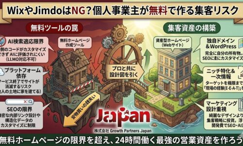 個人事業主がWixやJimdoなどの無料ホームページ作成ツールで作る集客リスクと、独自ドメインとWordPressで構築する資産型Webサイトの比較図解。左側はAI検索適応限界(LLMO対応不可)やプラットフォーム依存などの「無料ツールの罠」を崩れかけの家で表現し、右側はニッチ特化や現場の一次情報(E-E-A-T)、マーケティング設計重視といった「集客資産の構築」を堅牢なビルで描写し、プロと共に設計図を引く重要性を解説しています。