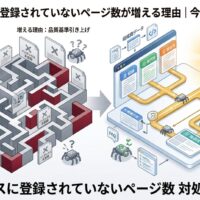画像SEO設定データ ■ 代替テキスト (Alt Text) インデックスに登録されていないページ数の対処法を図解：品質基準の引き上げによる未登録状態から、構造最適化によりGoogleにインデックスされるまでの流れ
