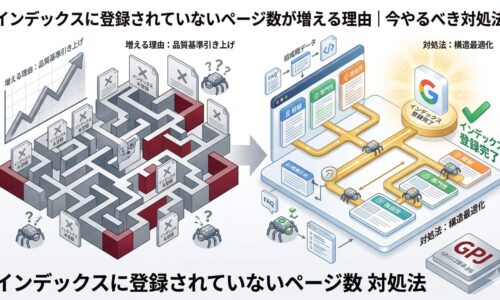 画像SEO設定データ ■ 代替テキスト (Alt Text) インデックスに登録されていないページ数の対処法を図解:品質基準の引き上げによる未登録状態から、構造最適化によりGoogleにインデックスされるまでの流れ