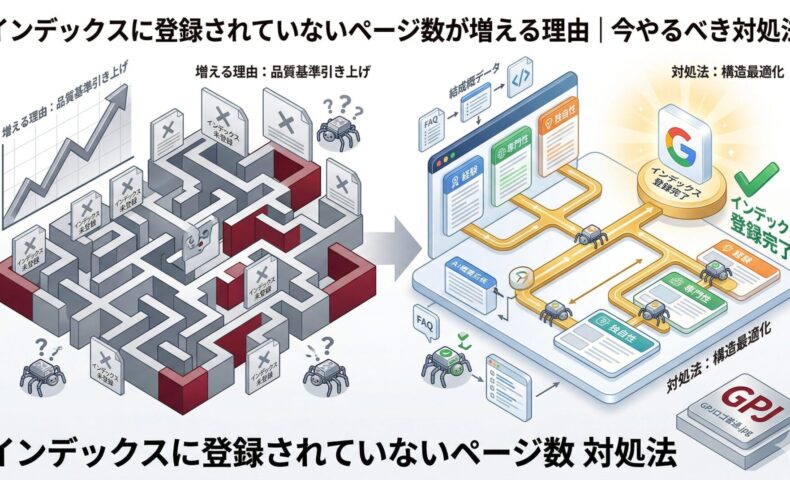 画像SEO設定データ ■ 代替テキスト (Alt Text) インデックスに登録されていないページ数の対処法を図解：品質基準の引き上げによる未登録状態から、構造最適化によりGoogleにインデックスされるまでの流れ