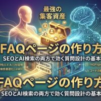SEOとAI検索の両方で最強の集客資産となる「FAQページの作り方」を図解したアイキャッチ画像。顧客の悩みに答える質問設計や構造化データなど、SEOに効く情報構造を宝箱とAIのモチーフで表現しています。