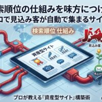 検索順位の仕組みを味方につけ、広告費ゼロで集客を自動化する仕組みの図解。ユーザーの悩みやAI検索が「資産型サイト(E-E-A-T)」へ流入し、メールや電話などのリストとして見込み客が自動で育成・獲得される流れを表したインフォグラフィック。