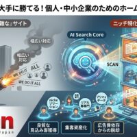 予算がなくても大手に勝てる個人・中小企業向けのホームページ集客戦略を図解。左側は広告費（広告爆弾）に依存した大手企業の「幅広い無難なサイト」、右側は「ニッチ特化」と「現場の一次情報（E-E-A-T）」を発信し、AI検索（AI Search Core）に評価される中小企業のサイト構造を比較。専門性を武器に良質な見込み客を獲得し、広告費依存から脱却して集客を資産化する流れを描写しています。