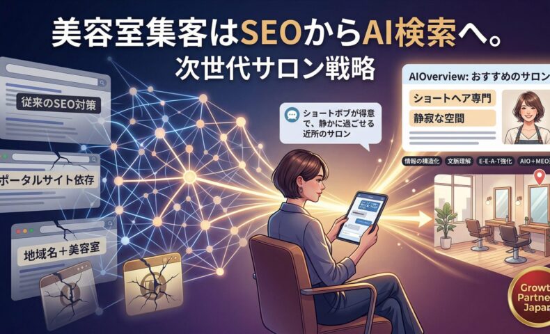 美容室・サロンの集客がSEOからAI検索へ移行する背景と、次世代ローカル検索最適化戦略を解説するアイキャッチ画像
