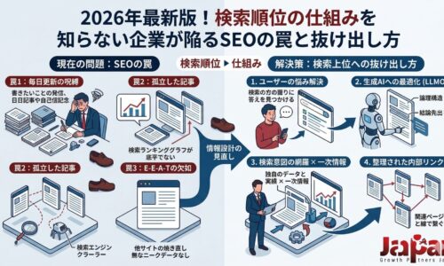 検索順位の仕組みを知らずに陥る3つのSEOの罠(毎日更新の呪縛、孤立した記事、E-E-A-Tの欠如)と、検索上位を獲得するための解決策(ユーザーの悩み解決、生成AI・LLMO最適化、一次情報の投下、内部リンク構築)を対比して解説したインフォグラフィック。